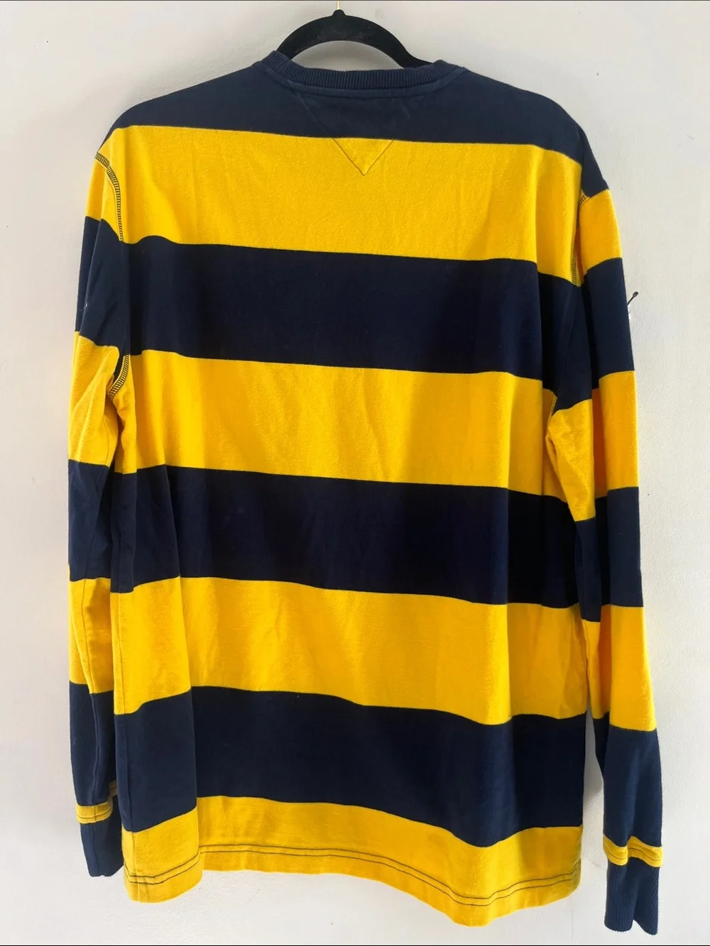 Tommy Hilfiger Rugby Men’s Navy & Yellow Striped Crewneck Sweater preppy us open